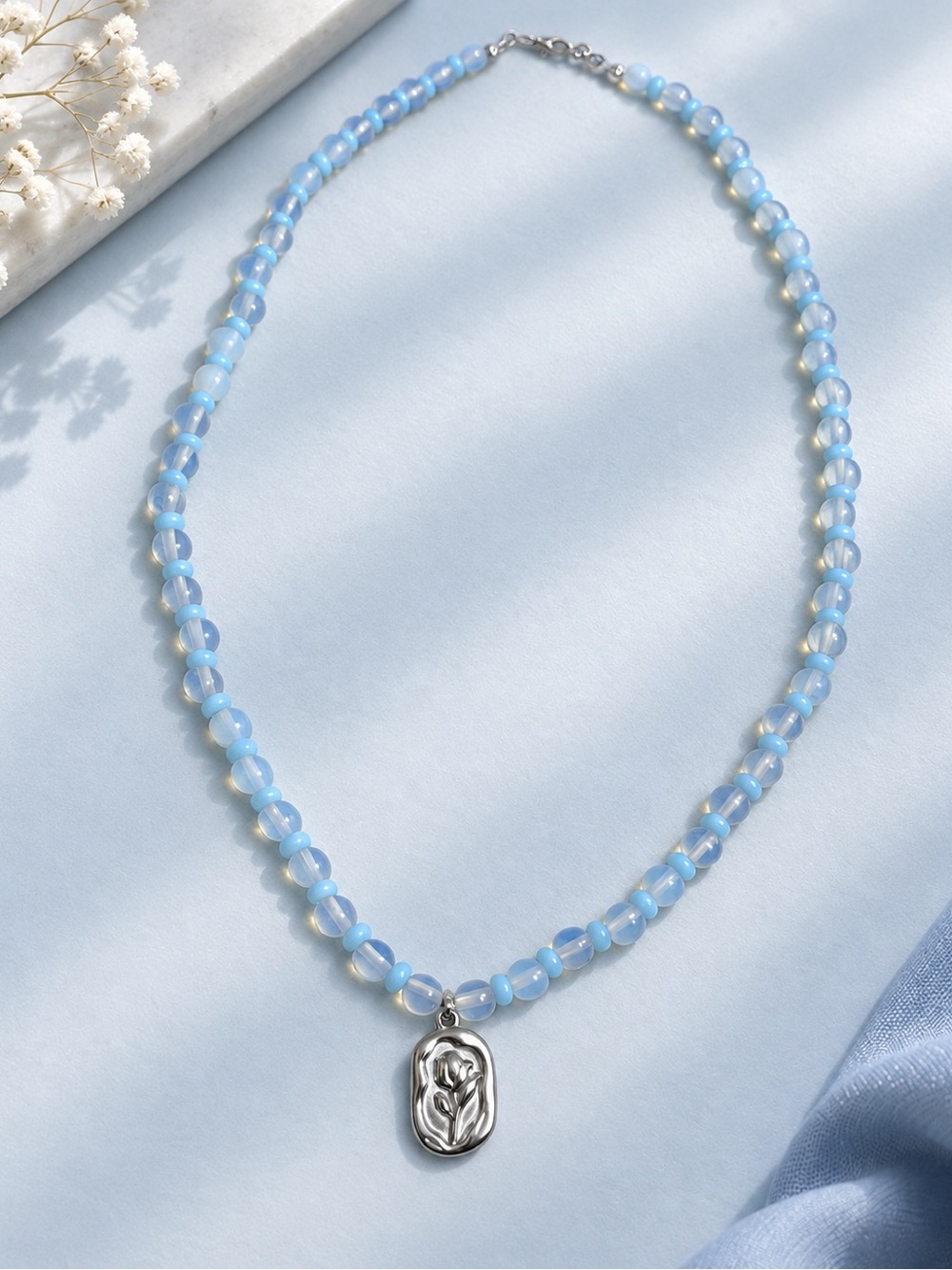 Stainless Steel Silver Rose Pendant with Light Blue Beads and Opals Necklace
